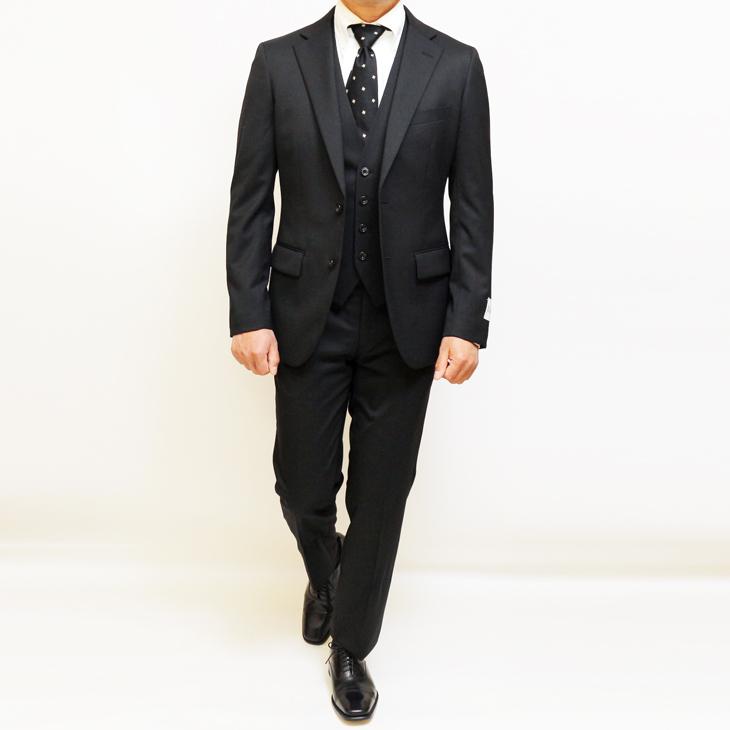 スーツ メンズ 2025 新作 通年 春夏 秋冬 オールシーズン FICCE フィッチェ 黒ブラック無地 ベスト付き スリーピース スーツ (Y/A/AB/BB体) | FICCE | 04