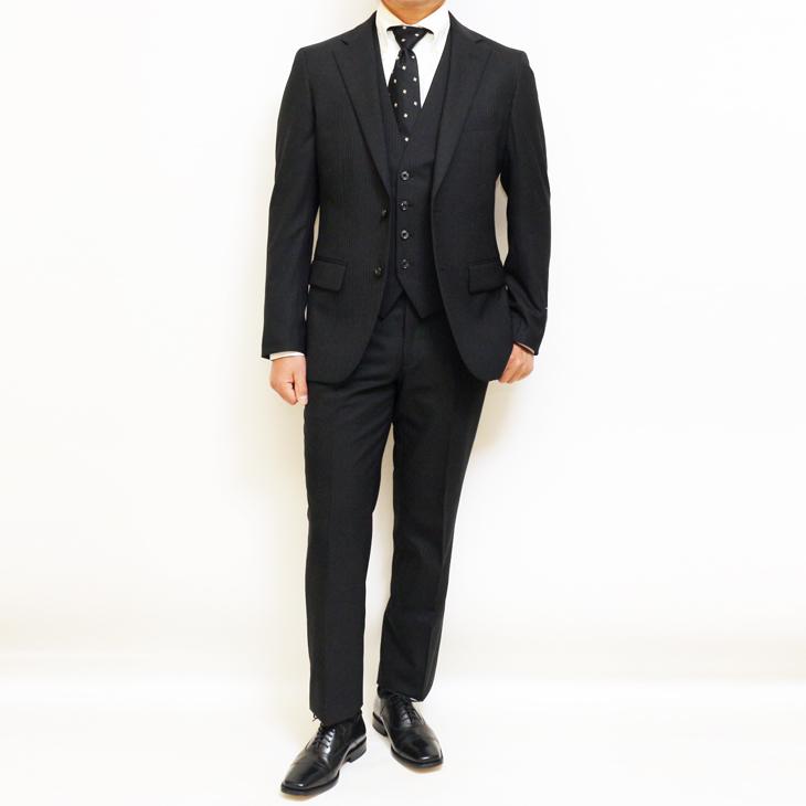 スーツ メンズ 2025 新作 通年 春夏 秋冬 オールシーズン FICCE フィッチェ 黒ブラック 織柄シャドーストライプ ベスト付き スリーピース スーツ (Y/A/AB/BB体) | FICCE | 01