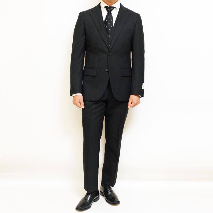 スーツ メンズ 2025 新作 通年 春夏 秋冬 オールシーズン FICCE フィッチェ 黒ブラック 織柄シャドーストライプ ベスト付き スリーピース スーツ (Y/A/AB/BB体) | FICCE | 02