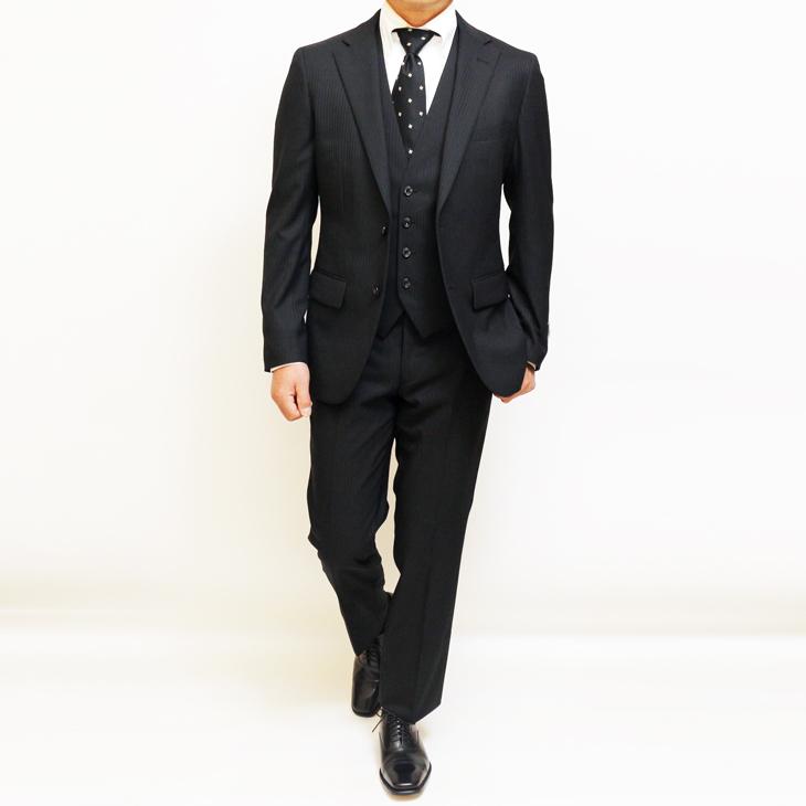 スーツ メンズ 2025 新作 通年 春夏 秋冬 オールシーズン FICCE フィッチェ 黒ブラック 織柄シャドーストライプ ベスト付き スリーピース スーツ (Y/A/AB/BB体) | FICCE | 03
