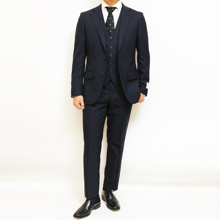 スーツ メンズ 2025 新作 通年 春夏 秋冬 オールシーズン FICCE フィッチェ 濃紺ネイビー織柄シャドーストライプ ベスト付き スリーピース スーツ (Y/A/AB/BB体) | FICCE | 02
