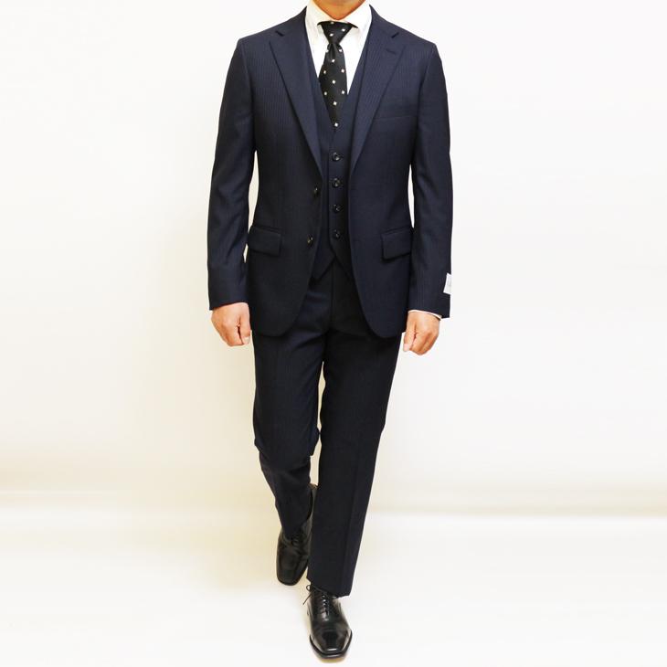 スーツ メンズ 2025 新作 通年 春夏 秋冬 オールシーズン FICCE フィッチェ 濃紺ネイビー織柄シャドーストライプ ベスト付き スリーピース スーツ (Y/A/AB/BB体) | FICCE | 03