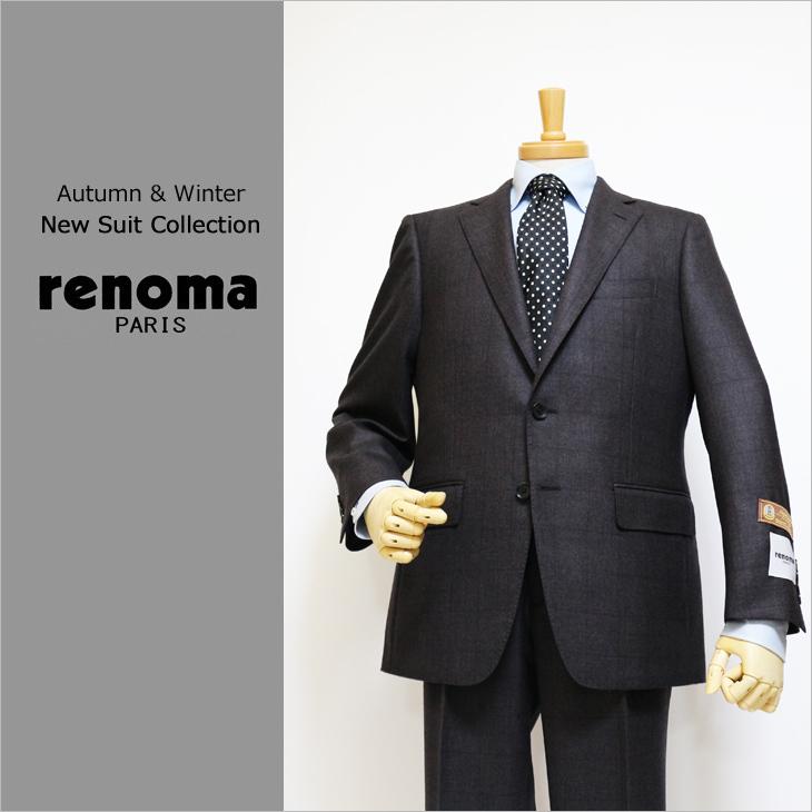 スーツ メンズ 2020-21 新作 秋冬 レノマ パリス Super120s 茶×灰ベース ウインドペン DROP6.5 2つボタン ビジネス スーツ (AB体) | renoma