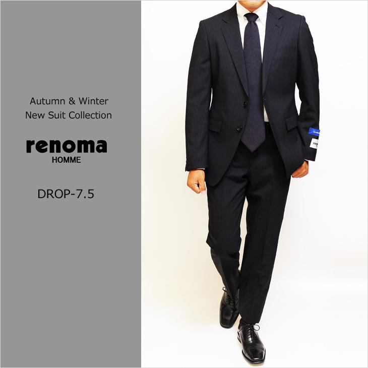 スーツ メンズ 新品 秋冬 レノマ オム BISHU 尾州 濃紺ネイビー 5.5mm ストライプ DROP7.5 新型 スリム 2つボタン ビジネススーツ (A/AB体) | renoma