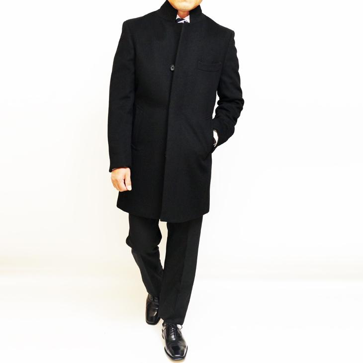 メンズ コート 2021-22 新作秋冬 Second Style カシミア アンゴラ混紡 ブラック 黒無地 スタンドカラー チェスター マオカラー コート |  | 01