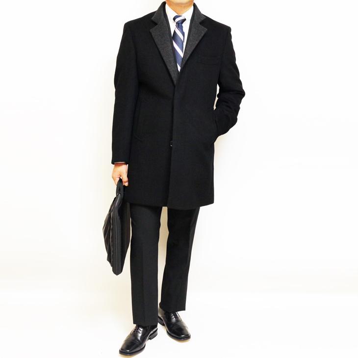 メンズ コート 2021-22 新作秋冬 Second Style カシミア アンゴラ混紡 ブラック 黒無地 スタンドカラー チェスター マオカラー コート |  | 02