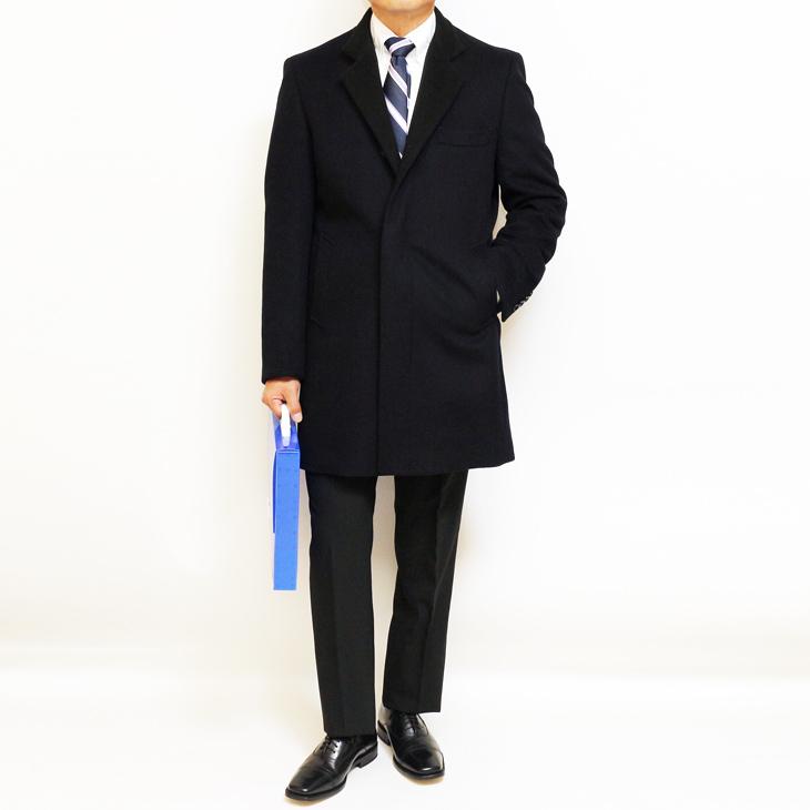 メンズ コート 2021-22 新作秋冬 Second Style カシミア アンゴラ混紡 ネイビー 濃紺無地 スタンドカラー チェスター マオカラー コート |  | 01