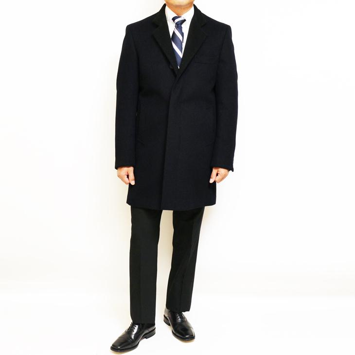 メンズ コート 2021-22 新作秋冬 Second Style カシミア アンゴラ混紡 ネイビー 濃紺無地 スタンドカラー チェスター マオカラー コート |  | 02