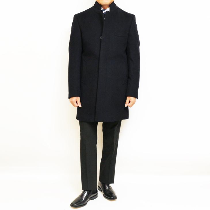 メンズ コート 2021-22 新作秋冬 Second Style カシミア アンゴラ混紡 ネイビー 濃紺無地 スタンドカラー チェスター マオカラー コート |  | 03