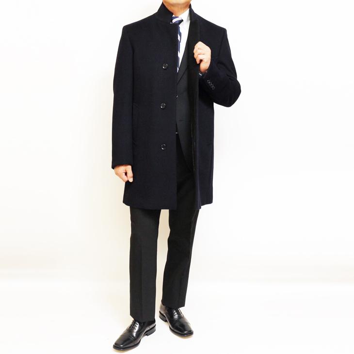 メンズ コート 2021-22 新作秋冬 Second Style カシミア アンゴラ混紡 ネイビー 濃紺無地 スタンドカラー チェスター マオカラー コート |  | 04