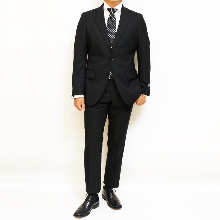 スーツ メンズ 新品 春夏秋冬 通年 POLO BRITISH COUNTRY SPIRIT ポロ ビーシーエス 黒ブラック 織柄シャドー ストライプ スリム型 (A/AB/BB体)ウエストマジック | POLO BCS | 01