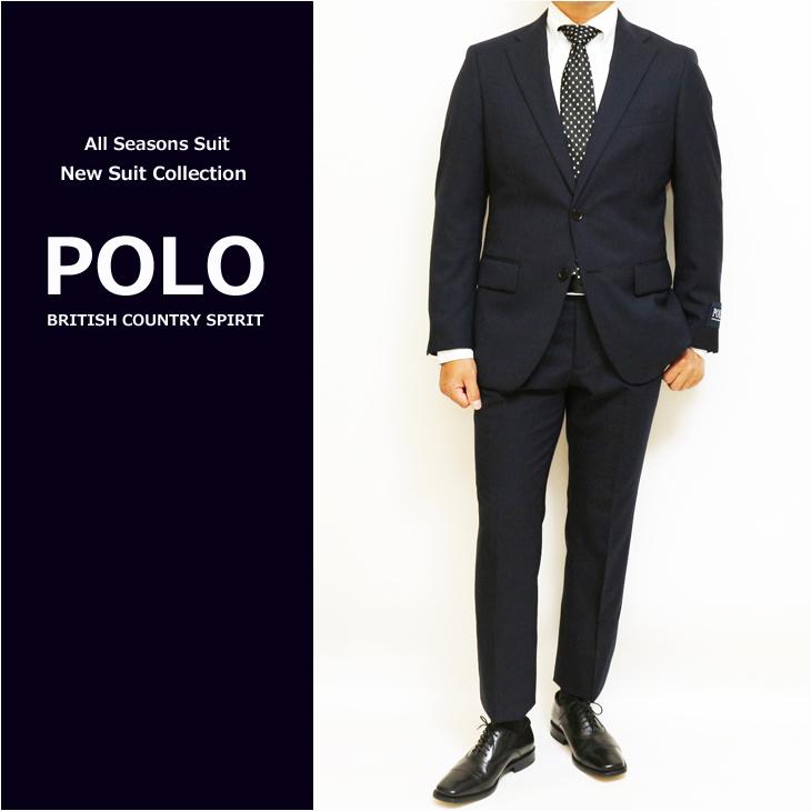 スーツ メンズ 新品 春夏秋冬 通年 POLO BRITISH COUNTRY SPIRIT ポロ ビーシーエス 濃紺ネイビー織柄シャドーストライプ スリム型 (A/AB/BB/E体)ウエスト伸びる | POLO BCS