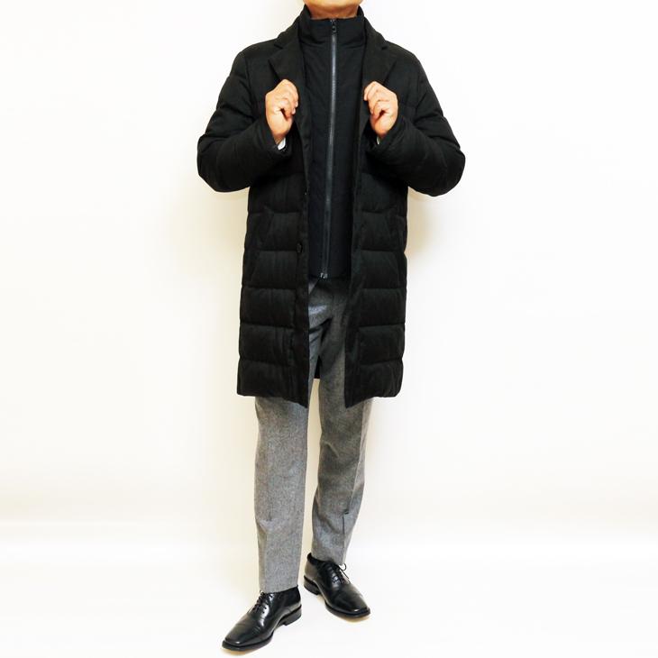 SALE スーツの上から羽織れる チェスター型 ロングダウンコート 秋冬 新品 Second Style タウンユース 撥水 黒ブラック 杉綾織 ヘリンボーン YKKファスナー使用 |  | 03