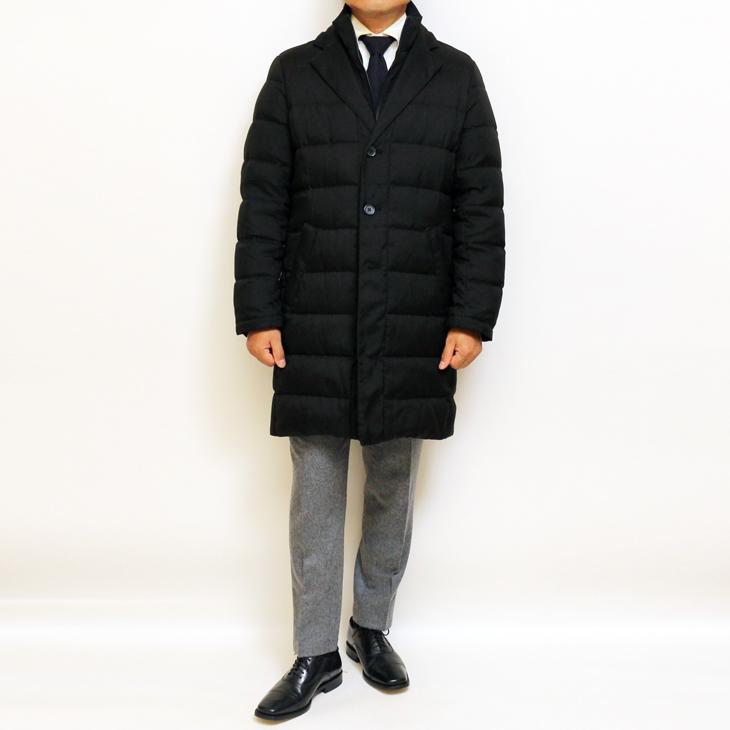 SALE スーツの上から羽織れる チェスター型 ロングダウンコート 秋冬 新品 Second Style タウンユース 撥水 黒ブラック 杉綾織 ヘリンボーン YKKファスナー使用 |  | 04