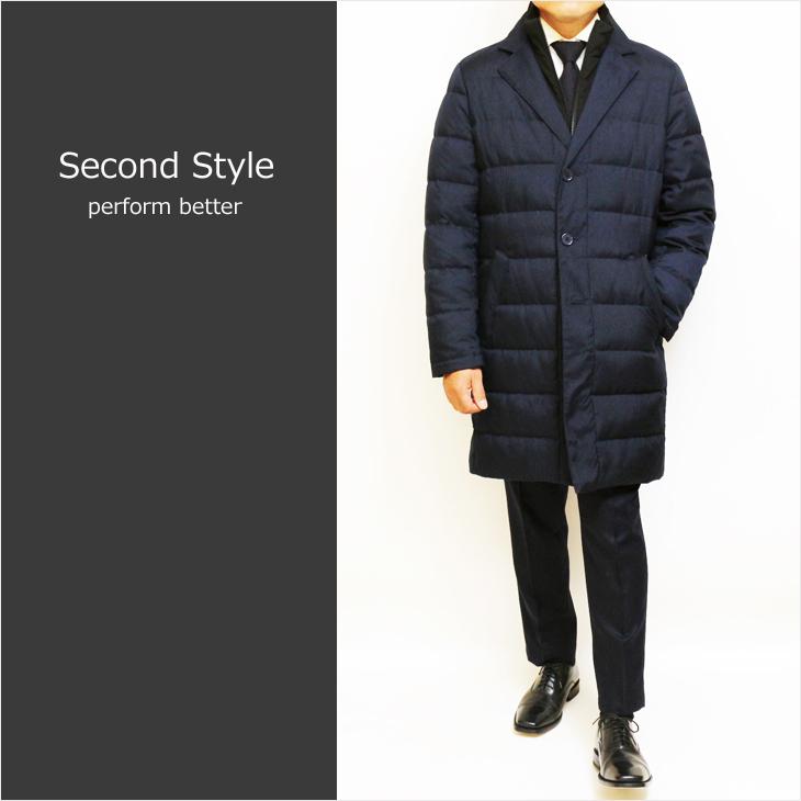 SALE スーツの上から羽織れる チェスター型 ロングダウンコート 秋冬 新品 Second Style タウンユース 撥水 紺ネイビー 杉綾織 ヘリンボーン YKKファスナー使用 | 