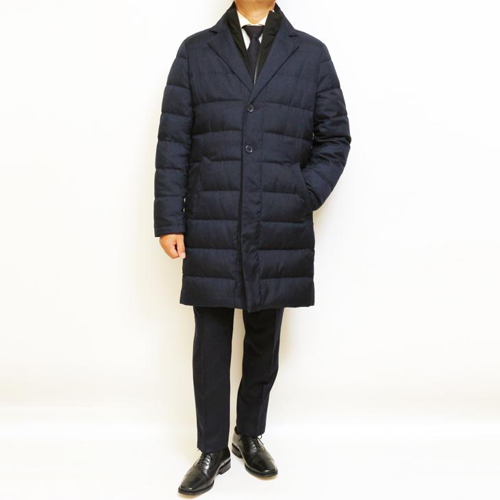 SALE スーツの上から羽織れる チェスター型 ロングダウンコート 秋冬 新品 Second Style タウンユース 撥水 紺ネイビー 杉綾織 ヘリンボーン YKKファスナー使用 |  | 01