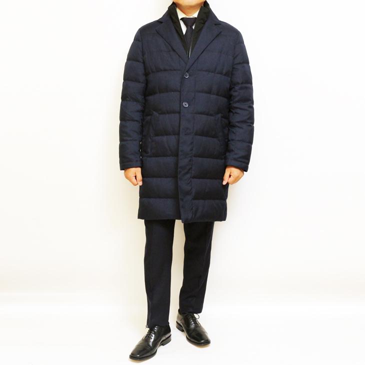 SALE スーツの上から羽織れる チェスター型 ロングダウンコート 秋冬 新品 Second Style タウンユース 撥水 紺ネイビー 杉綾織 ヘリンボーン YKKファスナー使用 |  | 02