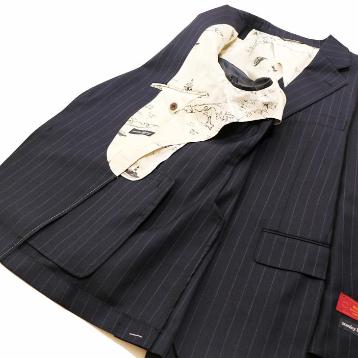 SALE スーツ メンズ 秋冬 新品 Stanley Blacker スタンリーブラッカー Super110s 濃紺ネイビー16.5mmストライプ ビジネス スーツ (A/AB体) やや細め |  | 07