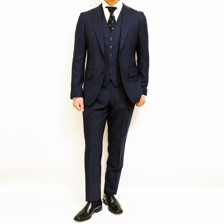 SALE スーツ メンズ 新品 春夏 FICCE フィッチェ 濃紺ネイビー杢 ワイド19mm ストライプ 3つボタン段返り ベスト付き スリーピース スーツ (A体) スリム | FICCE | 02