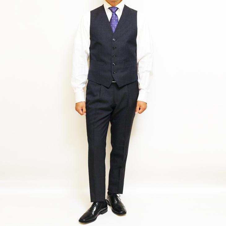 SALE 2025-26 スーツ メンズ 新作 秋冬 フィッチェ FICCE ネイビーグレー杢 小柄チェック 3つボタン段返り ベスト付き スリーピース スーツ (A/AB体) スリム | FICCE | 12