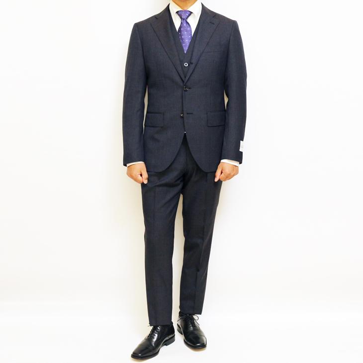 SALE 2025-26 スーツ メンズ 新作 秋冬 フィッチェ FICCE ネイビーグレー杢 小柄チェック 3つボタン段返り ベスト付き スリーピース スーツ (A/AB体) スリム | FICCE | 01