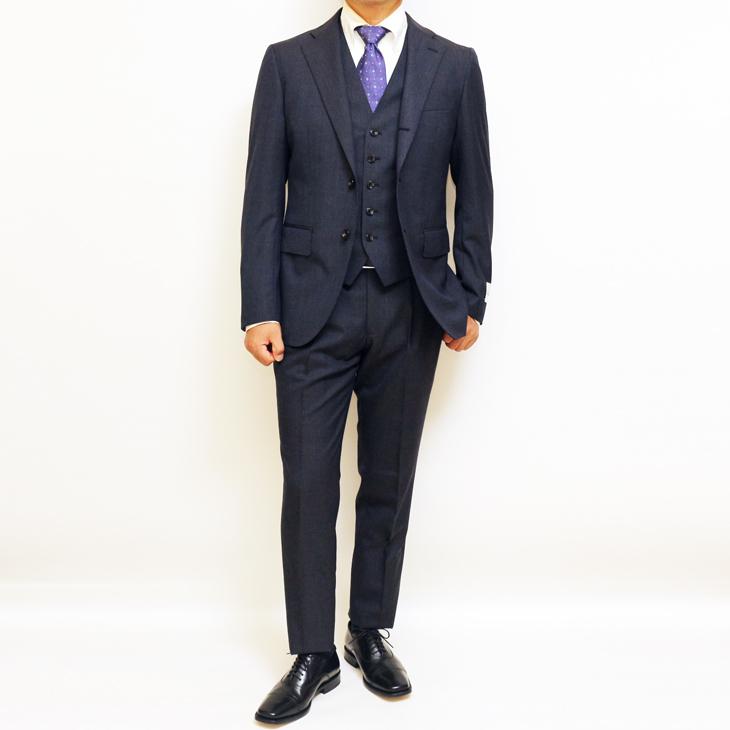 SALE 2025-26 スーツ メンズ 新作 秋冬 フィッチェ FICCE ネイビーグレー杢 小柄チェック 3つボタン段返り ベスト付き スリーピース スーツ (A/AB体) スリム | FICCE | 03