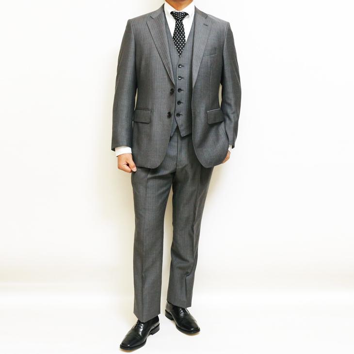 2026年 新作 春夏 renoma paris スリーピース スーツ （ベスト付き）メンズ 新品 レノマ パリス 淡灰グレー杢 8mmストライプ 2つボタン (AB体) J-REP05-2B | renoma | 02