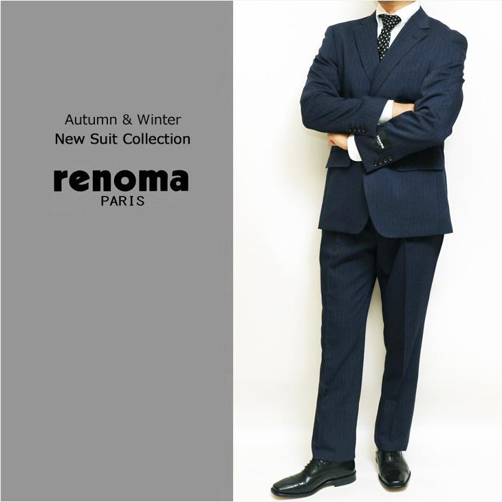 2026-27 スーツ メンズ 新品 秋冬 renoma paris レノマ パリス 濃紺ネイビー杢 ストライプ ピュアウール100% DROP6.5 2つボタン ビジネス (AB/BB体) J-REP05-2B | renoma