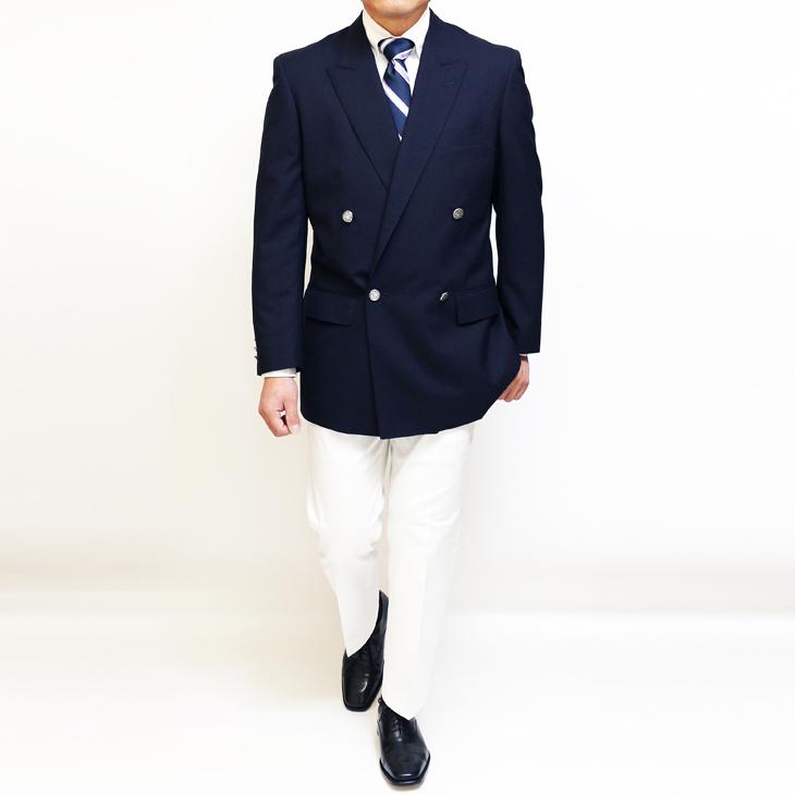 ジャケット テーラード ブレザー 春夏 新品 DEER コンブレ ウール100％ 艶消しシルバー メタルボタン 濃紺ネイビー無地  ゆったり型 ダブル ジャケット |  | 03