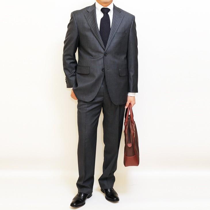 スーツ メンズ 2019 新作 春夏 ロロピアーナ クラシック Super130s やや淡系グレー杢 10mmストライプ 2つボタン ビジネススーツ (AB/BB体) やや細め ST-DAIB | Loro Piana | 01