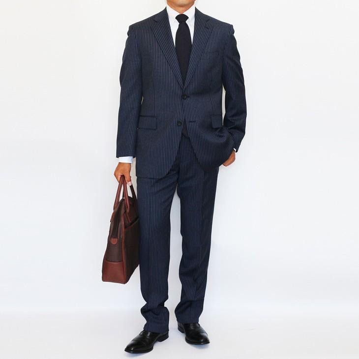 スーツ メンズ 2018-19 新作 秋冬 伊 REDA レダ Super110s 濃紺ネイビー杢ブルー系6.5mmストライプ フルOP並 2つボタン  (A体) やや細め ST-DAIB |  | 01