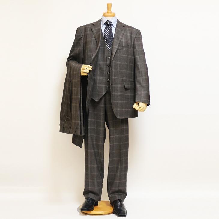 大きいサイズ メンズ スーツ 新品 秋冬 グレー ベージュ杢 チェック柄 ３つボタン段返り ベスト パンツ２本付き 4ピース ビジネス スーツ |  | 01