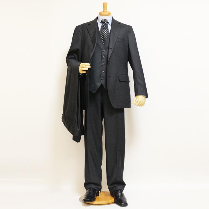 大きいサイズ メンズ スーツ 新品 秋冬 やや濃灰グレー杢 無地系 ３つボタン段返り ベスト パンツ２本付き 4ピース ビジネス スーツ |  | 01