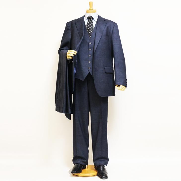 【最終売尽】大きいサイズ メンズ スーツ 新品 秋冬 ネイビー杢 無地系 ３つボタン段返り ベスト パンツ２本付き 4ピース ビジネス スーツ |  | 01