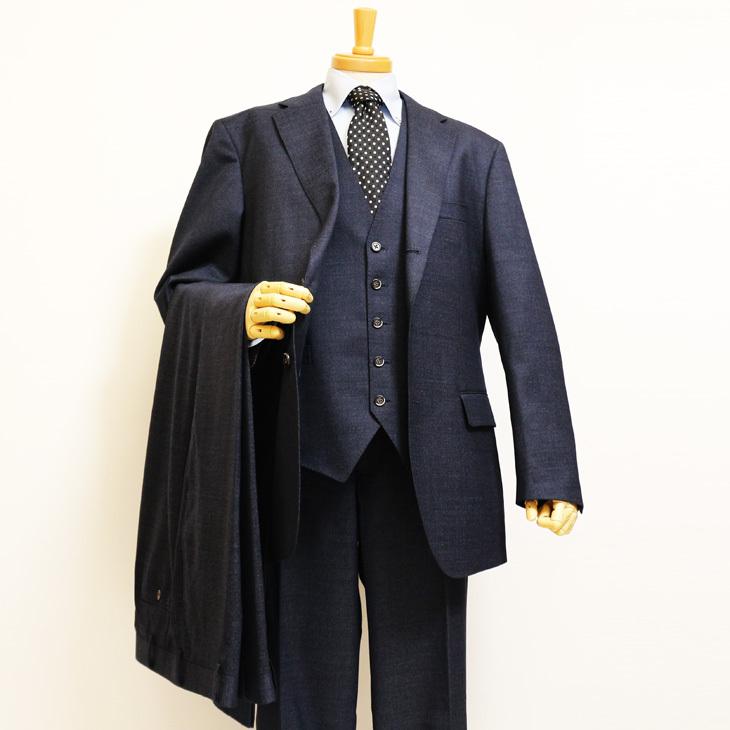 【最終売尽】大きいサイズ メンズ スーツ 新品 秋冬 ネイビー杢 無地系 ３つボタン段返り ベスト パンツ２本付き 4ピース ビジネス スーツ |  | 02