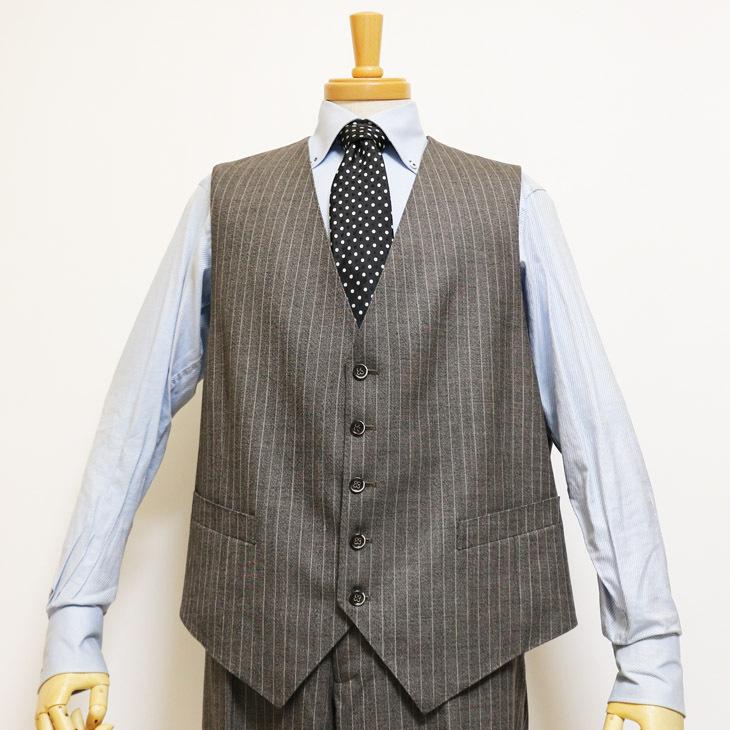 大きいサイズ メンズ スーツ 新品 秋冬 やや淡灰グレー杢 ぼんやり茶 11.5mmストライプ ３つボタン段返り ベスト パンツ２本付き 4ピース ビジネス スーツ |  | 04