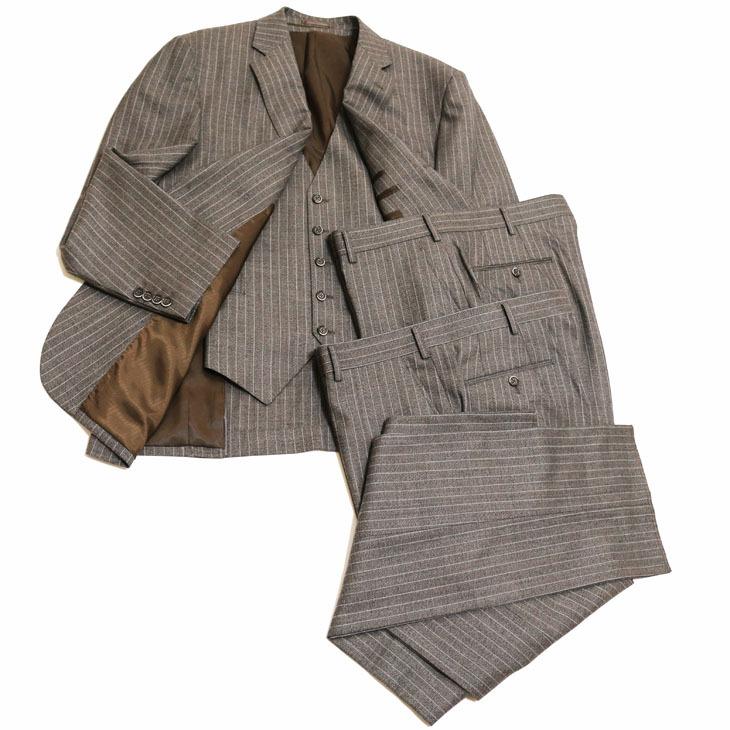 大きいサイズ メンズ スーツ 新品 秋冬 やや淡灰グレー杢 ぼんやり茶 11.5mmストライプ ３つボタン段返り ベスト パンツ２本付き 4ピース ビジネス スーツ |  | 05