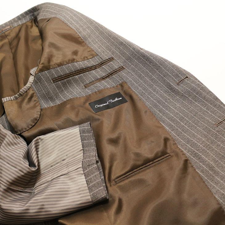 大きいサイズ メンズ スーツ 新品 秋冬 やや淡灰グレー杢 ぼんやり茶 11.5mmストライプ ３つボタン段返り ベスト パンツ２本付き 4ピース ビジネス スーツ |  | 09