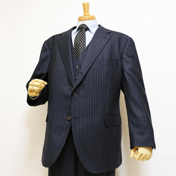 大きいサイズ メンズ スーツ 新品 秋冬 濃紺ネイビー杢 11.5mmストライプ ３つボタン段返り ベスト パンツ２本付き 4ピース ビジネス スーツ |  | 03
