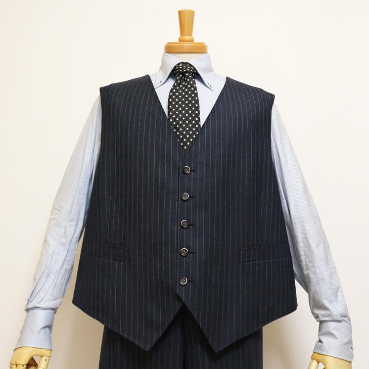 大きいサイズ メンズ スーツ 新品 秋冬 濃紺ネイビー杢 11.5mmストライプ ３つボタン段返り ベスト パンツ２本付き 4ピース ビジネス スーツ |  | 04