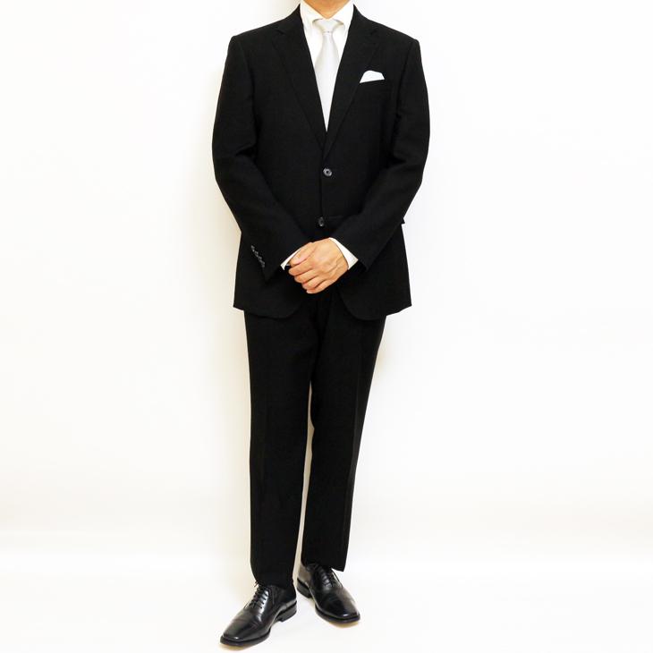 礼服 スーツ メンズ 新作 通年 西川毛織 オールシーズン 黒無地 国内染め 2WAYストレッチ ウエスト調整±6cm可能 2つボタン フォーマル やや細め型 (A/AB/BB体) |  | 01