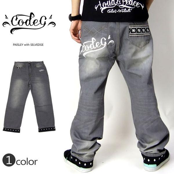 コードジー CODE-G ジーンズ メンズ デニムパンツ ロゴプリント ペイズリー柄パッチ トライバル柄ロールアップ | 