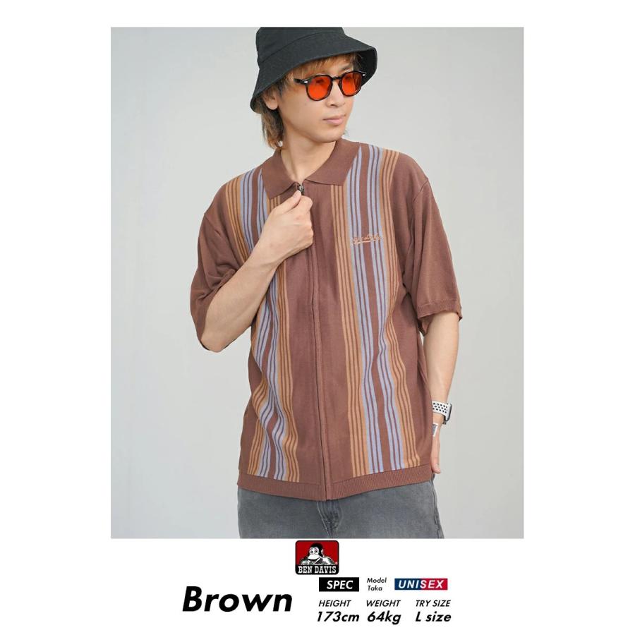 BEN DAVIS ベンデイビス マルチストライプ サマーニット ジップアップシャツ 半袖 メンズ STRIPE KNIT ZIP SHIRTS ブラウン | BEN DAVIS | 02