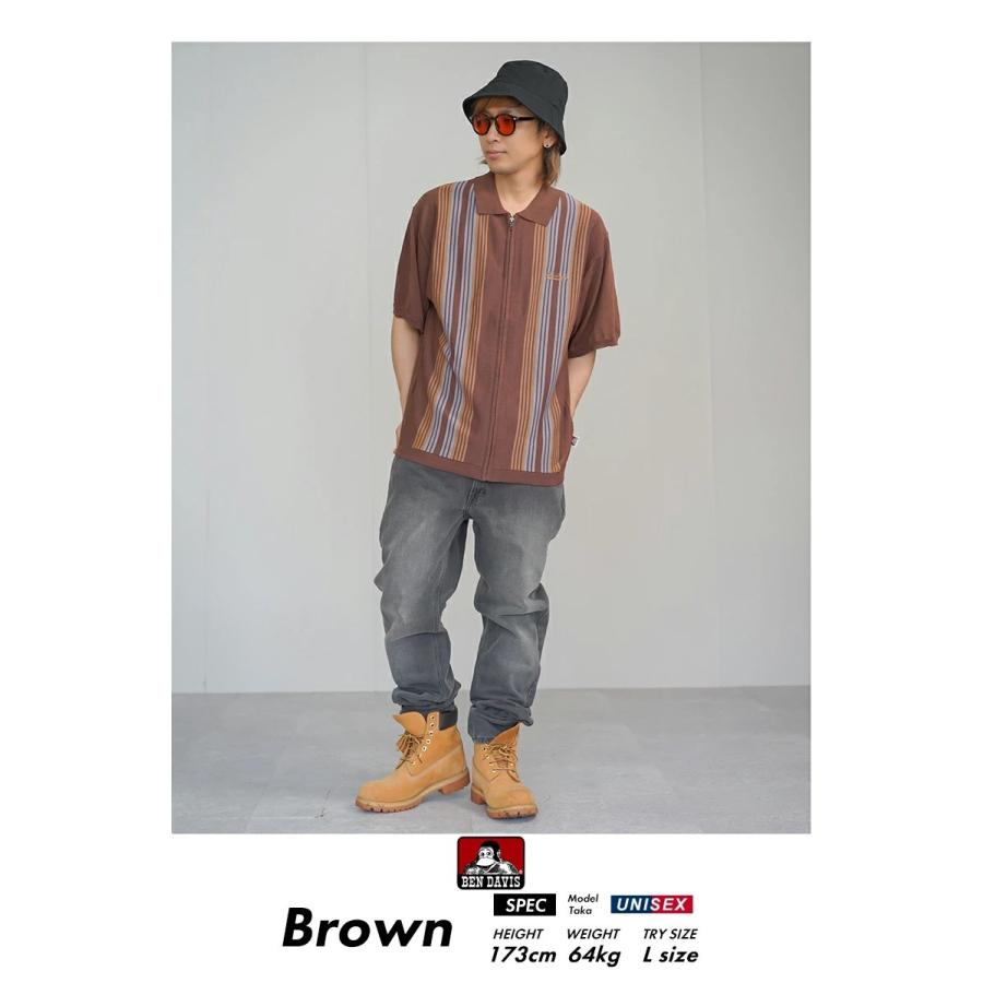 BEN DAVIS ベンデイビス マルチストライプ サマーニット ジップアップシャツ 半袖 メンズ STRIPE KNIT ZIP SHIRTS ブラウン | BEN DAVIS | 03