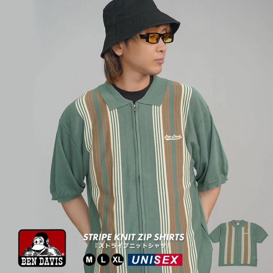 BEN DAVIS ベンデイビス マルチストライプ サマーニット ジップアップシャツ 半袖 メンズ STRIPE KNIT ZIP SHIRTS グリーン | BEN DAVIS