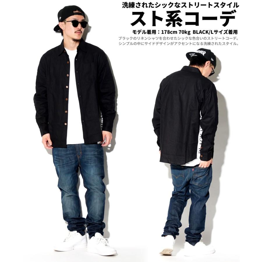 サイドライン コットンリネンシャツ メンズ 長袖 カジュアルシャツ 綿麻 ストリート系 アメカジ サーフ 大きいサイズ ゆったり | BLACK KAVIAR | 03
