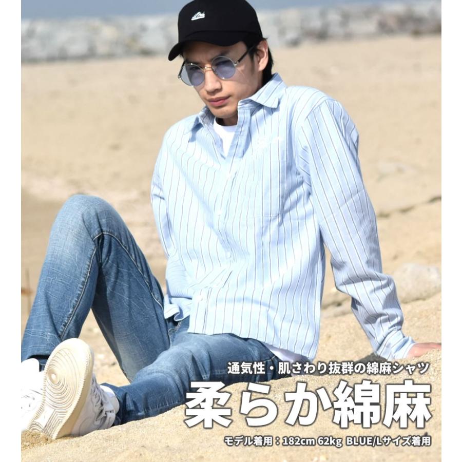 ストライプシャツ メンズ 長袖 コットンリネン カジュアルシャツ 綿麻 ストリート系 アメカジ サーフ 大きいサイズ ゆったり | BLACK KAVIAR | 05