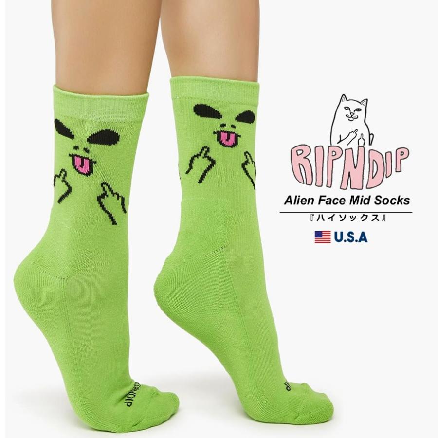 RIPNDIP リップンディップ クルーソックス メンズ 靴下 Alien Face Mid Socks グリーン | RIPNDIP