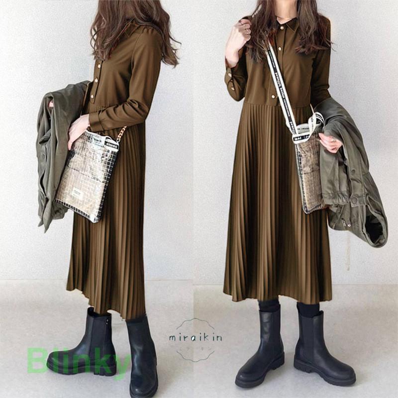 ワンピース春40代 プリーツ 切り替え ドッキングワンピース ロングワンピース ワンピース長袖 シャツカラー 通学通勤20代30代 フォーマル50代 春秋 ワンピース | ブランド登録なし