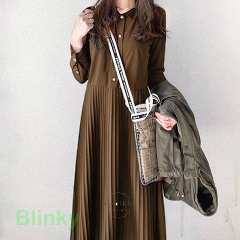 ワンピース春40代 プリーツ 切り替え ドッキングワンピース ロングワンピース ワンピース長袖 シャツカラー 通学通勤20代30代 フォーマル50代 春秋 ワンピース | ブランド登録なし | 01